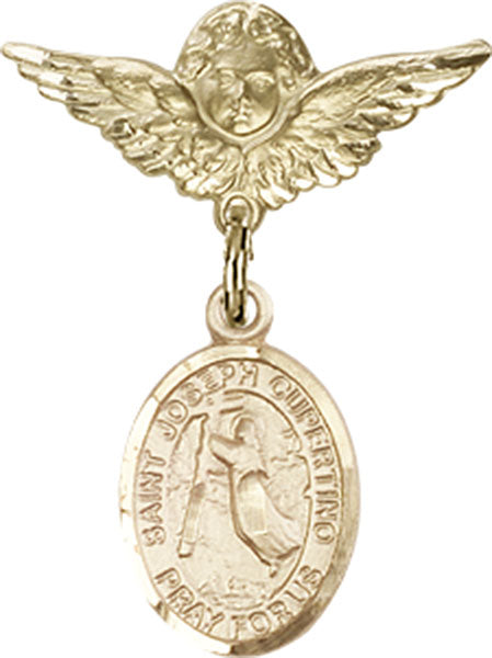14kt Gold Baby Badge with St. Joseph of Cupertino Charm and Angel w/Wings Badge Pin