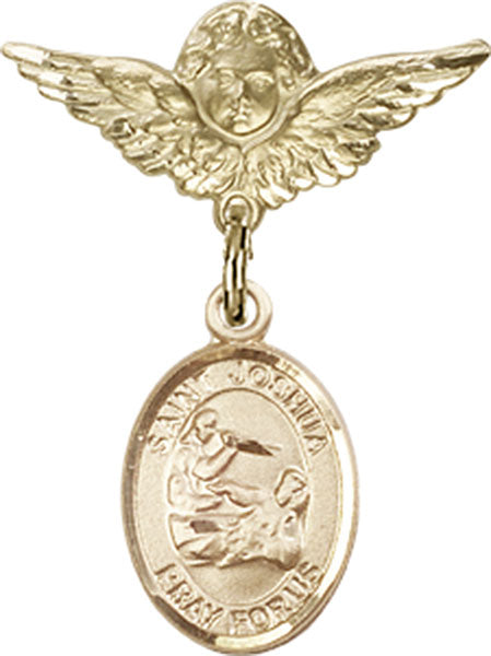 14kt Gold Baby Badge with St. Joshua Charm and Angel w/Wings Badge Pin
