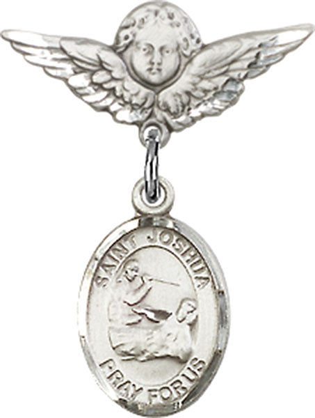 Sterling Silver Baby Badge with St. Joshua Charm and Angel w/Wings Badge Pin