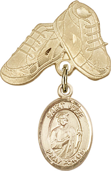 14kt Gold Baby Badge with St. Jude Thaddeus Charm and Baby Boots Pin