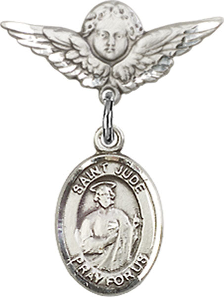 Sterling Silver Baby Badge with St. Jude Thaddeus Charm and Angel w/Wings Badge Pin