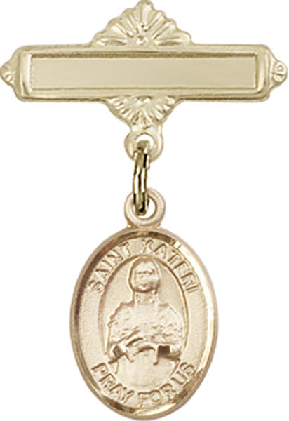 14kt Gold Filled Baby Badge with St. Kateri Charm and Polished Badge Pin