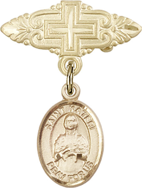 14kt Gold Filled Baby Badge with St. Kateri Charm and Badge Pin with Cross