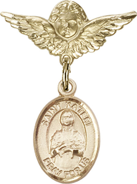 14kt Gold Filled Baby Badge with St. Kateri Charm and Angel w/Wings Badge Pin