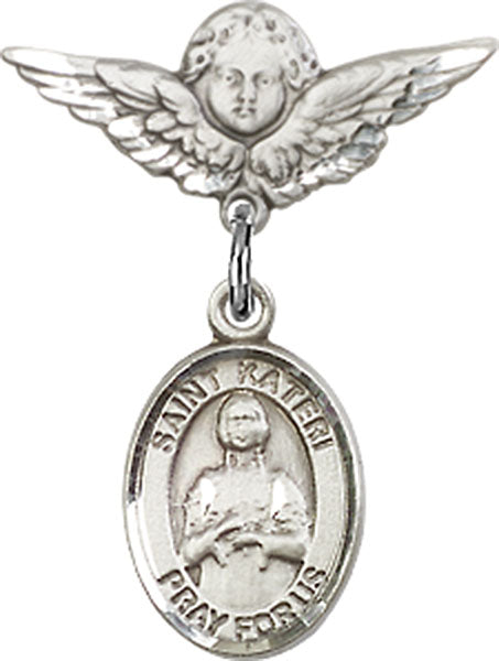 Sterling Silver Baby Badge with St. Kateri Charm and Angel w/Wings Badge Pin