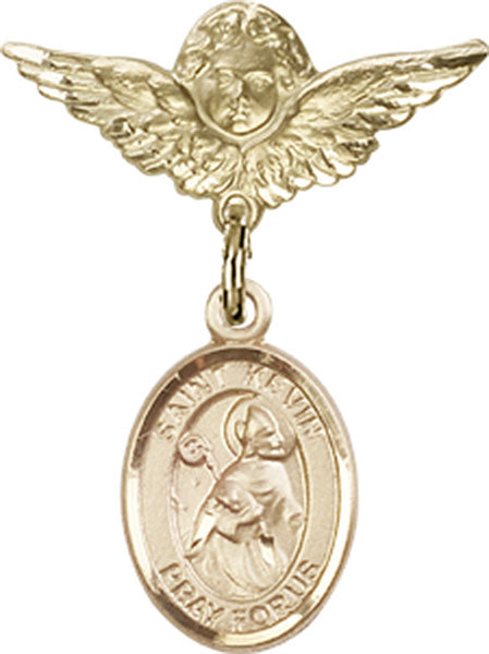 14kt Gold Filled Baby Badge with St. Kevin Charm and Angel w/Wings Badge Pin