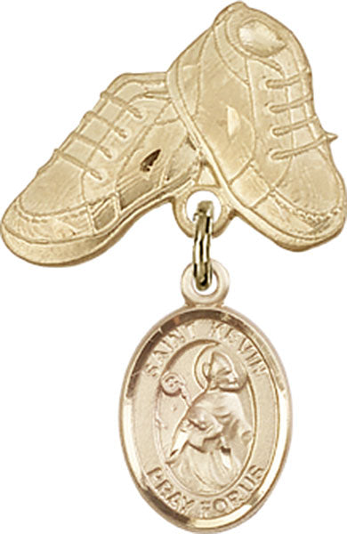 14kt Gold Filled Baby Badge with St. Kevin Charm and Baby Boots Pin