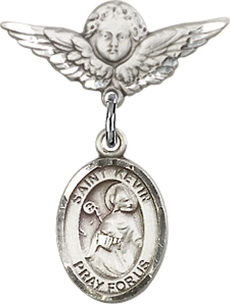 Sterling Silver Baby Badge with St. Kevin Charm and Angel w/Wings Badge Pin
