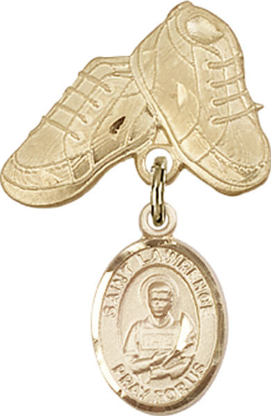 14kt Gold Baby Badge with St. Lawrence Charm and Baby Boots Pin
