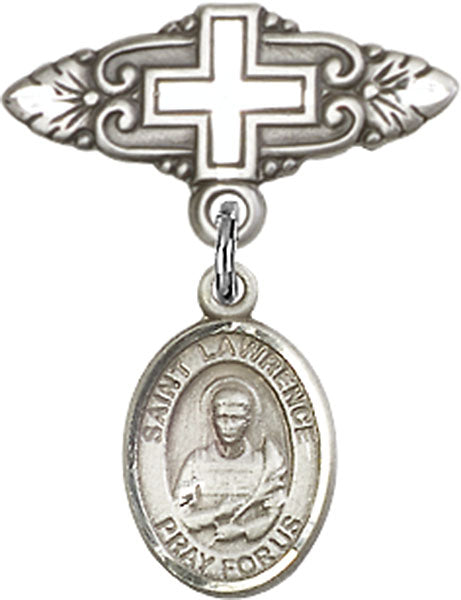 Sterling Silver Baby Badge with St. Lawrence Charm and Badge Pin with Cross