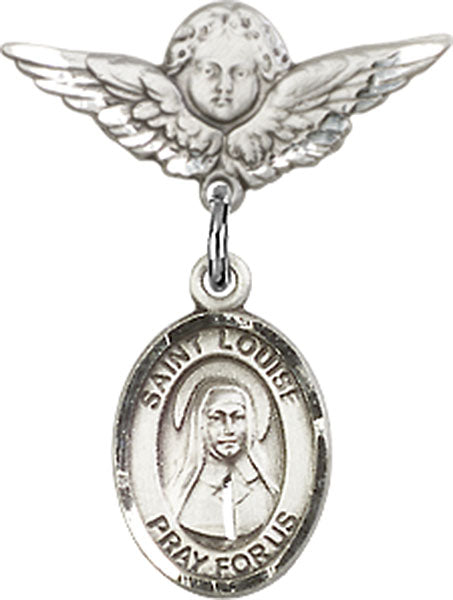 Sterling Silver Baby Badge with St. Louise de Marillac Charm and Angel w/Wings Badge Pin