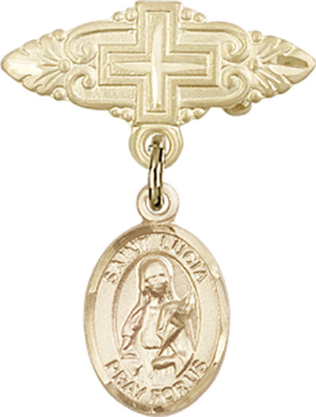 14kt Gold Filled Baby Badge with St. Lucia of Syracuse Charm and Badge Pin with Cross