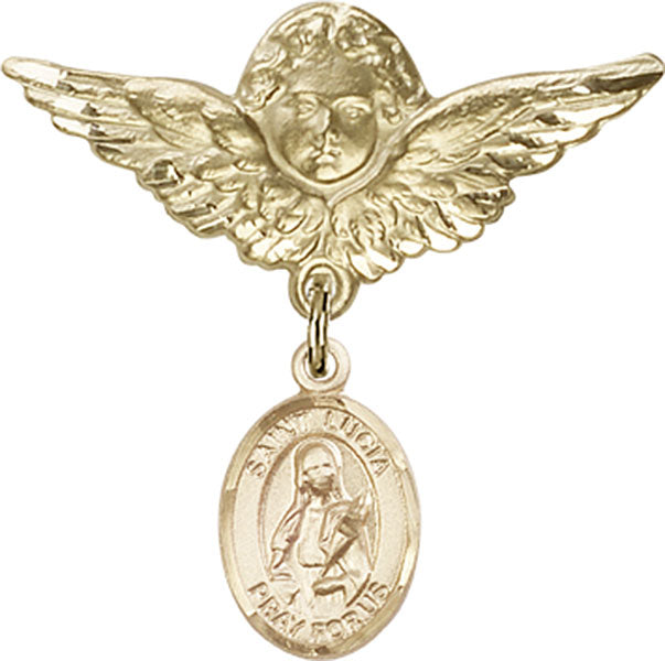14kt Gold Filled Baby Badge with St. Lucia of Syracuse Charm and Angel w/Wings Badge Pin