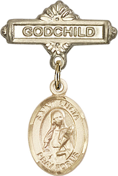 14kt Gold Filled Baby Badge with St. Lucia of Syracuse Charm and Godchild Badge Pin