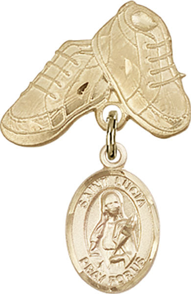 14kt Gold Filled Baby Badge with St. Lucia of Syracuse Charm and Baby Boots Pin