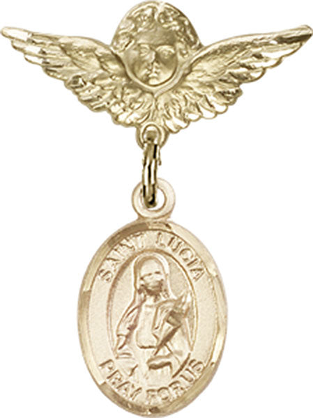 14kt Gold Baby Badge with St. Lucia of Syracuse Charm and Angel w/Wings Badge Pin