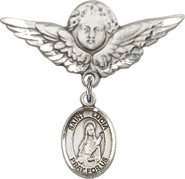 Sterling Silver Baby Badge with St. Lucia of Syracuse Charm and Angel w/Wings Badge Pin