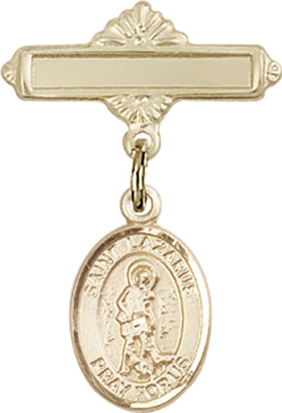 14kt Gold Baby Badge with St. Lazarus Charm and Polished Badge Pin