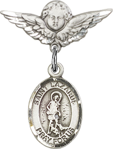 Sterling Silver Baby Badge with St. Lazarus Charm and Angel w/Wings Badge Pin