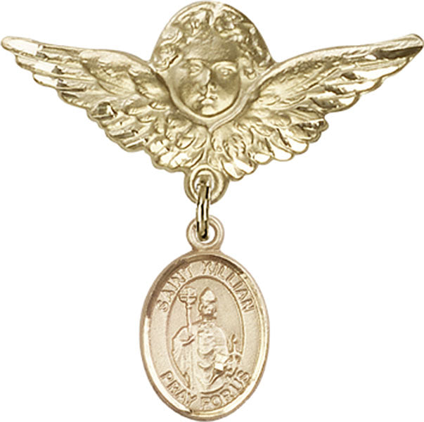14kt Gold Baby Badge with St. Kilian Charm and Angel w/Wings Badge Pin