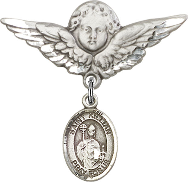 Sterling Silver Baby Badge with St. Kilian Charm and Angel w/Wings Badge Pin
