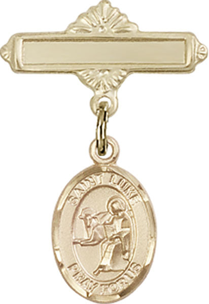 14kt Gold Filled Baby Badge with St. Luke the Apostle Charm and Polished Badge Pin