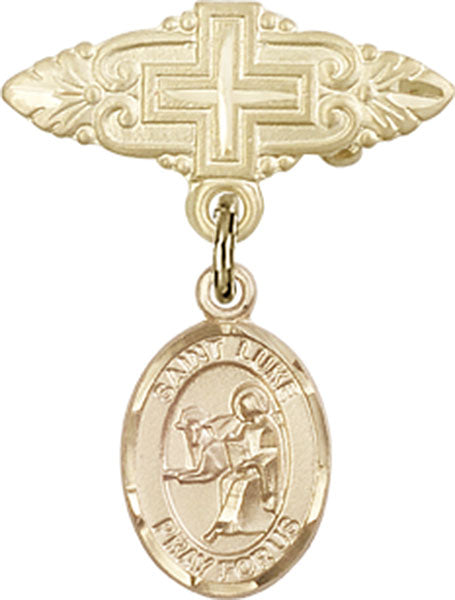 14kt Gold Filled Baby Badge with St. Luke the Apostle Charm and Badge Pin with Cross