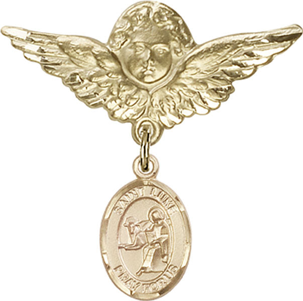 14kt Gold Filled Baby Badge with St. Luke the Apostle Charm and Angel w/Wings Badge Pin