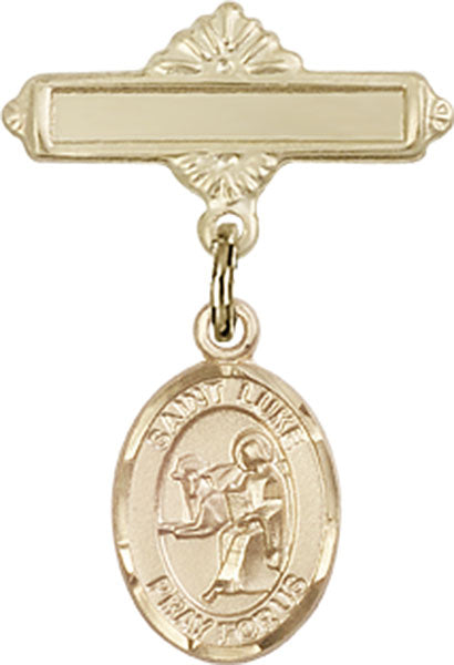 14kt Gold Baby Badge with St. Luke the Apostle Charm and Polished Badge Pin