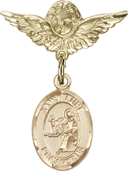 14kt Gold Baby Badge with St. Luke the Apostle Charm and Angel w/Wings Badge Pin