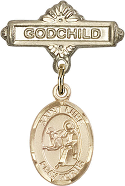 14kt Gold Baby Badge with St. Luke the Apostle Charm and Godchild Badge Pin