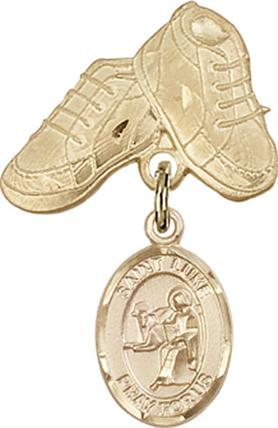 14kt Gold Baby Badge with St. Luke the Apostle Charm and Baby Boots Pin