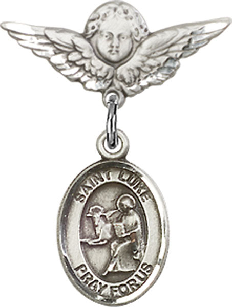 Sterling Silver Baby Badge with St. Luke the Apostle Charm and Angel w/Wings Badge Pin