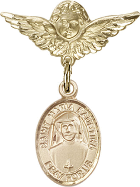 14kt Gold Baby Badge with St. Maria Faustina Charm and Angel w/Wings Badge Pin