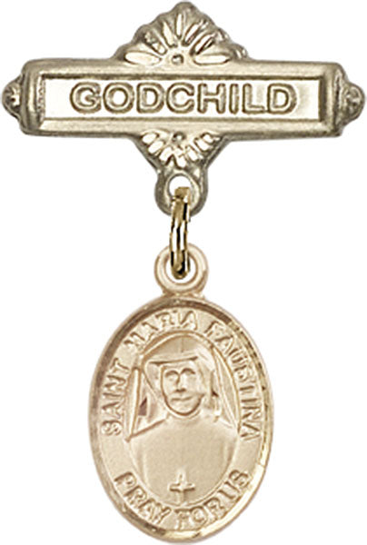 14kt Gold Baby Badge with St. Maria Faustina Charm and Godchild Badge Pin
