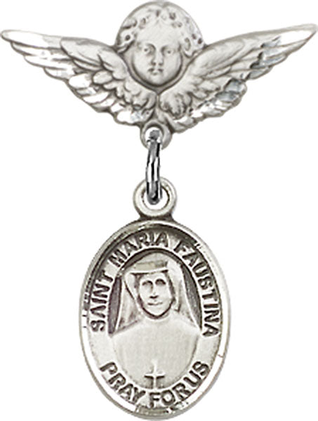 Sterling Silver Baby Badge with St. Maria Faustina Charm and Angel w/Wings Badge Pin