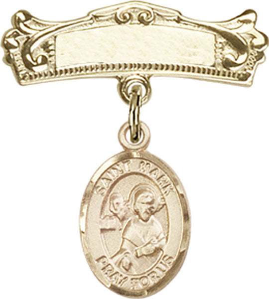 14kt Gold Filled Baby Badge with St. Mark the Evangelist Charm and Arched Polished Badge Pin