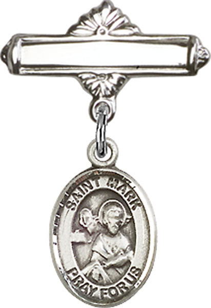 Sterling Silver Baby Badge with St. Mark the Evangelist Charm and Polished Badge Pin