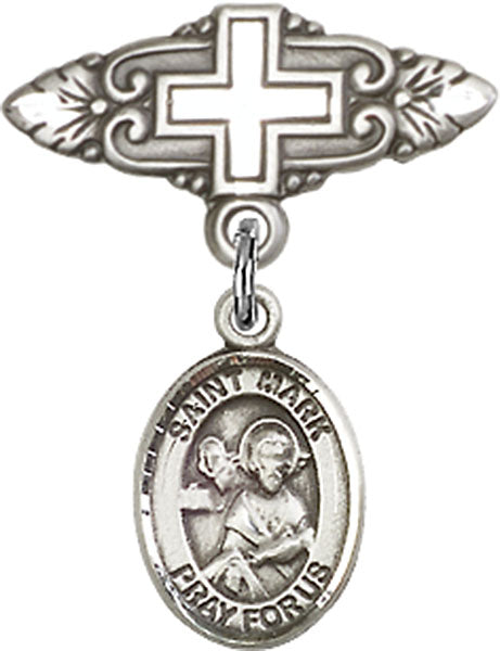Sterling Silver Baby Badge with St. Mark the Evangelist Charm and Badge Pin with Cross