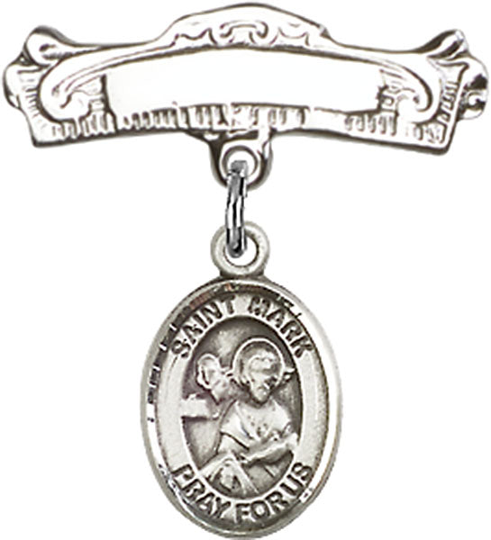 Sterling Silver Baby Badge with St. Mark the Evangelist Charm and Arched Polished Badge Pin
