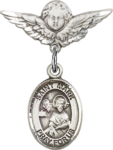Sterling Silver Baby Badge with St. Mark the Evangelist Charm and Angel w/Wings Badge Pin
