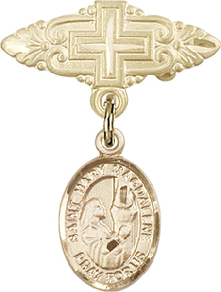 14kt Gold Filled Baby Badge with St. Mary Magdalene Charm and Badge Pin with Cross