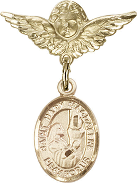 14kt Gold Filled Baby Badge with St. Mary Magdalene Charm and Angel w/Wings Badge Pin