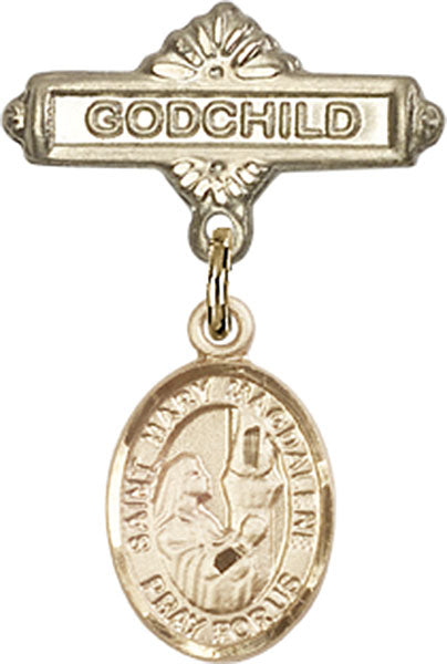 14kt Gold Filled Baby Badge with St. Mary Magdalene Charm and Godchild Badge Pin