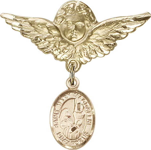 14kt Gold Baby Badge with St. Mary Magdalene Charm and Angel w/Wings Badge Pin