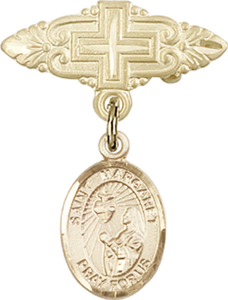 14kt Gold Filled Baby Badge with St. Margaret Mary Alacoque Charm and Badge Pin with Cross