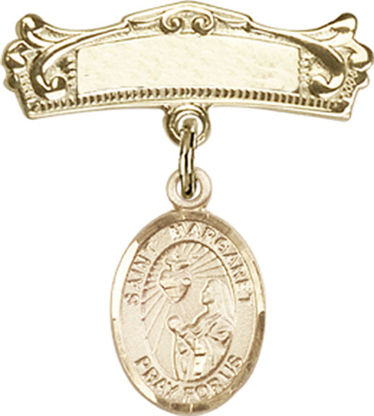 14kt Gold Filled Baby Badge with St. Margaret Mary Alacoque Charm and Arched Polished Badge Pin