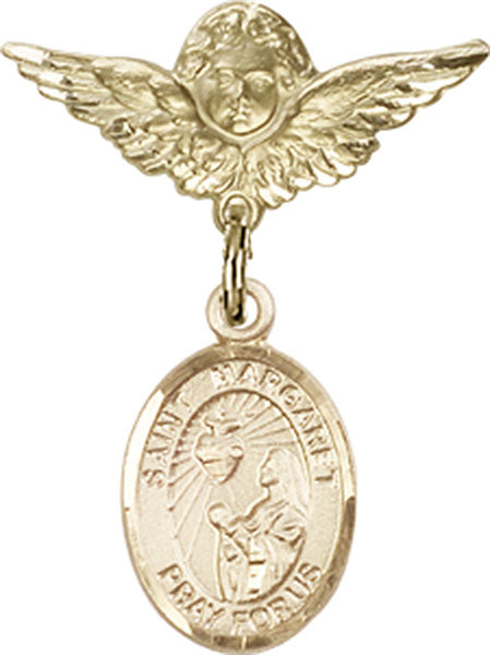 14kt Gold Baby Badge with St. Margaret Mary Alacoque Charm and Angel w/Wings Badge Pin