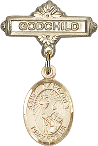 14kt Gold Baby Badge with St. Margaret Mary Alacoque Charm and Godchild Badge Pin