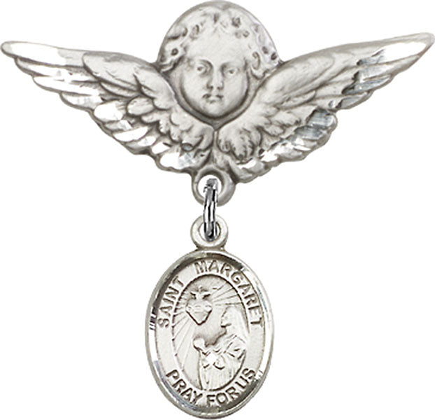 Sterling Silver Baby Badge with St. Margaret Mary Alacoque Charm and Angel w/Wings Badge Pin